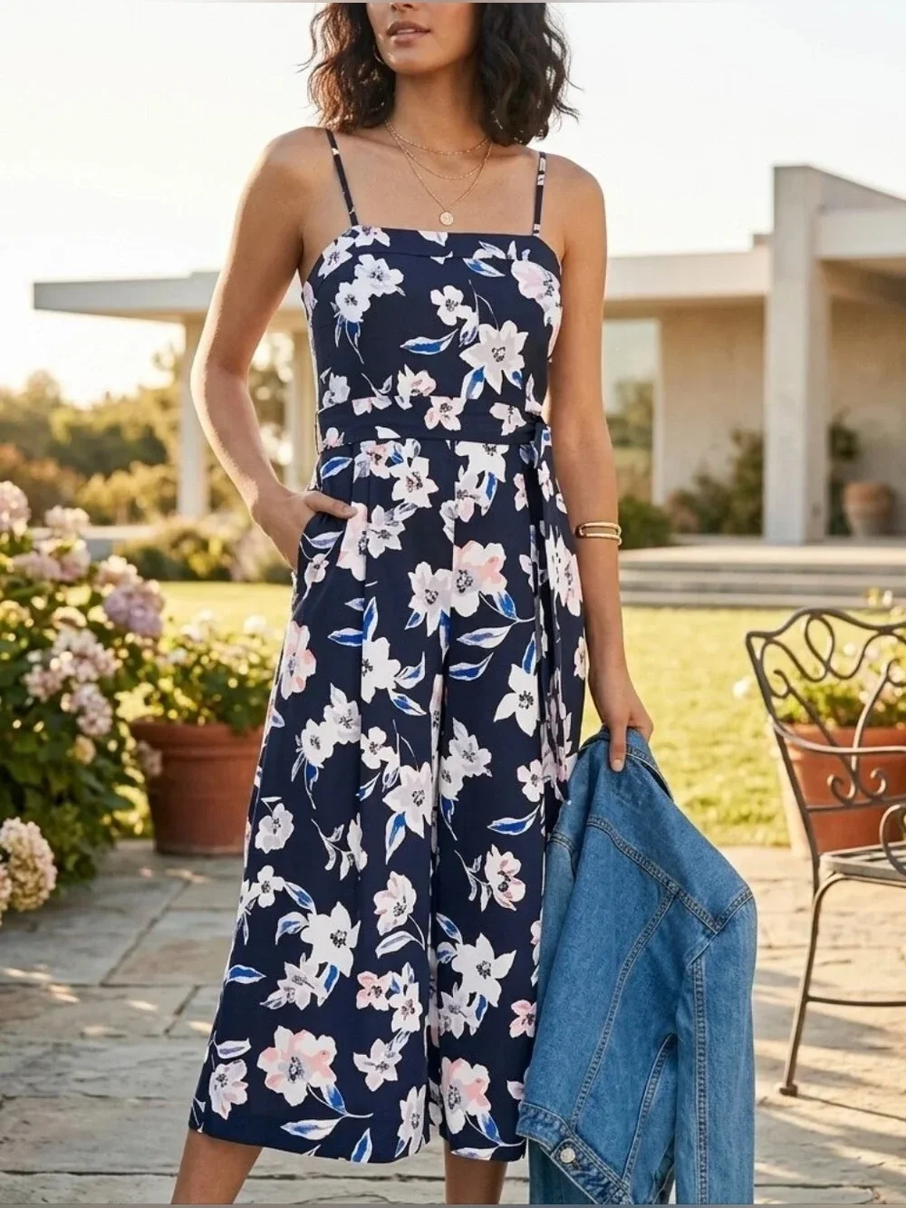 Banana Republic Floral Linen Wide Leg Jumpsuit Women 14 Vacation Travel Casual